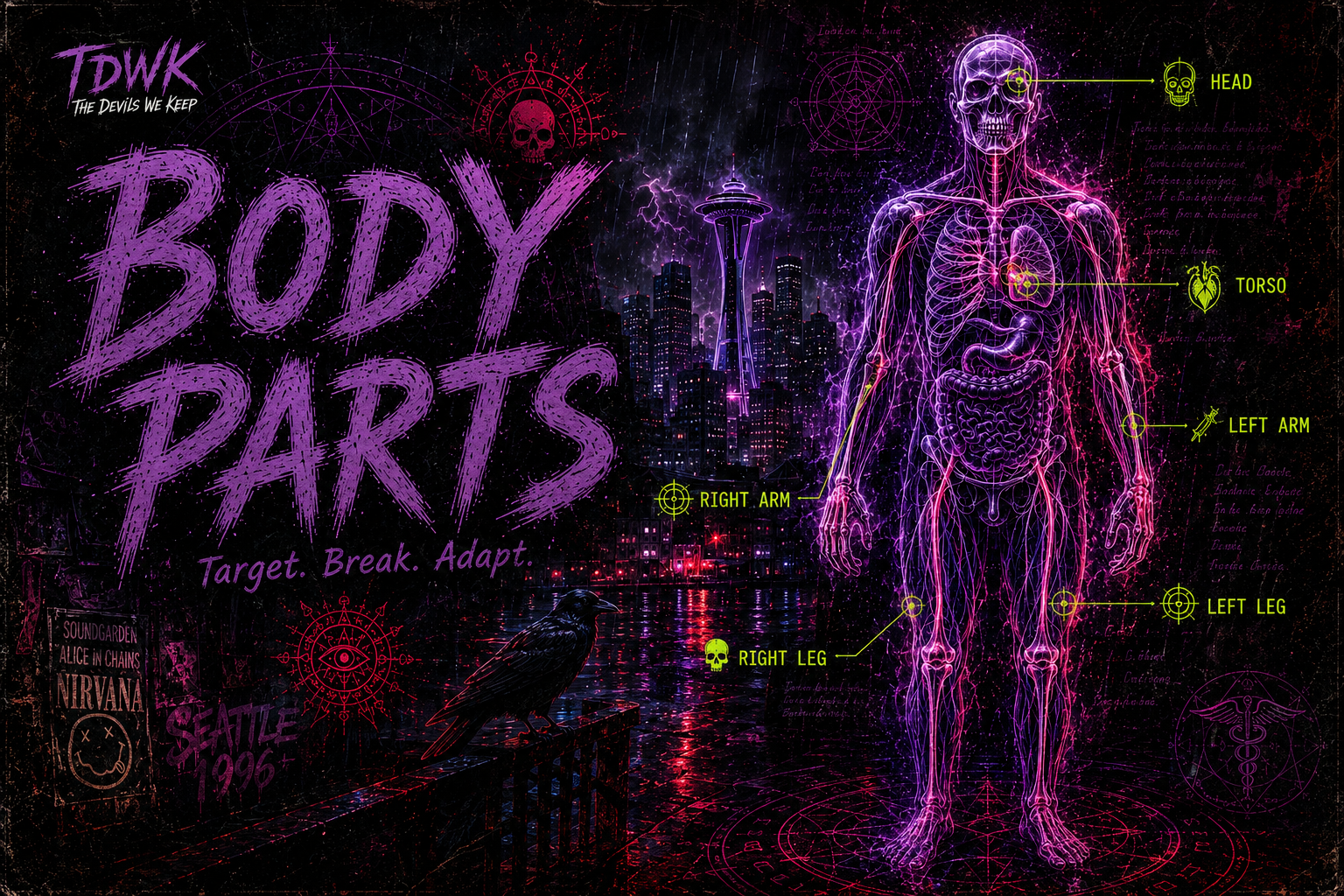 A neon medical-noir body study with occult diagnostic traces.