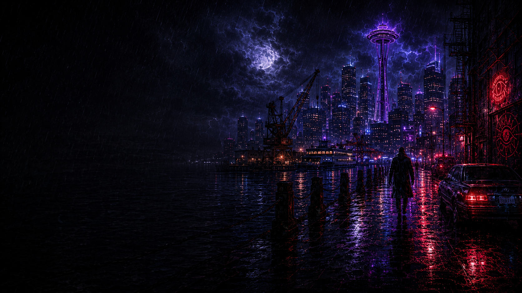 Rain-slick Seattle waterfront under red and violet storm light.