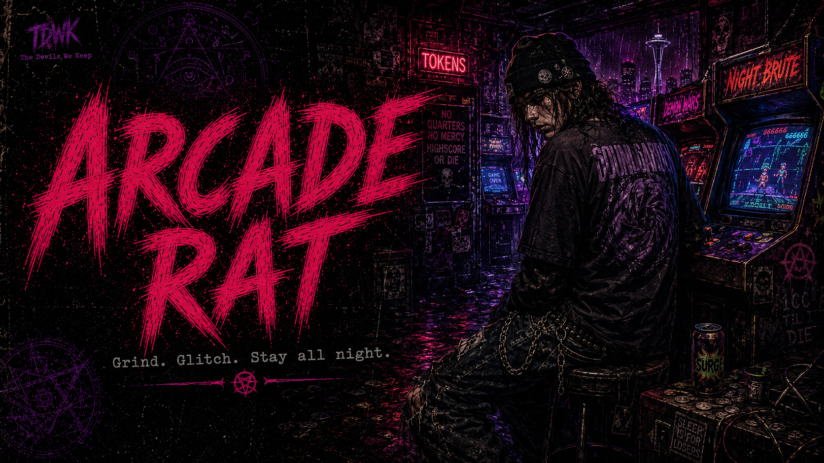 Arcade Rat identity portrait in rainlit 1990s Seattle occult-pulp style.