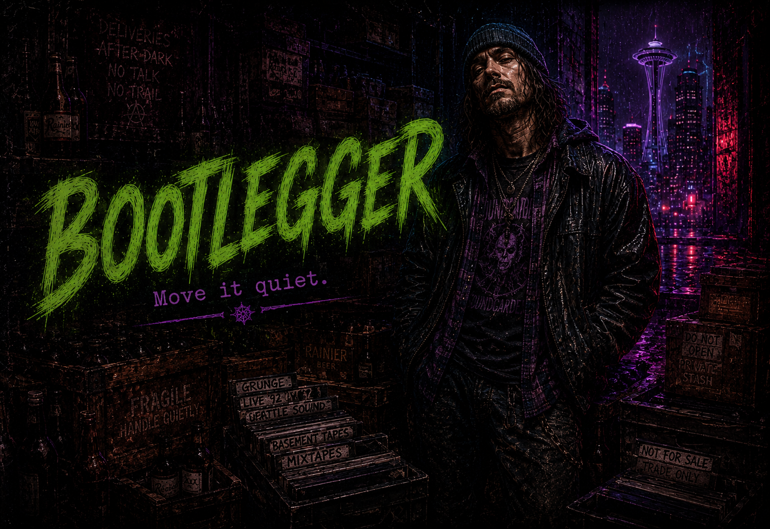 Bootlegger identity portrait in rainlit 1990s Seattle occult-pulp style.