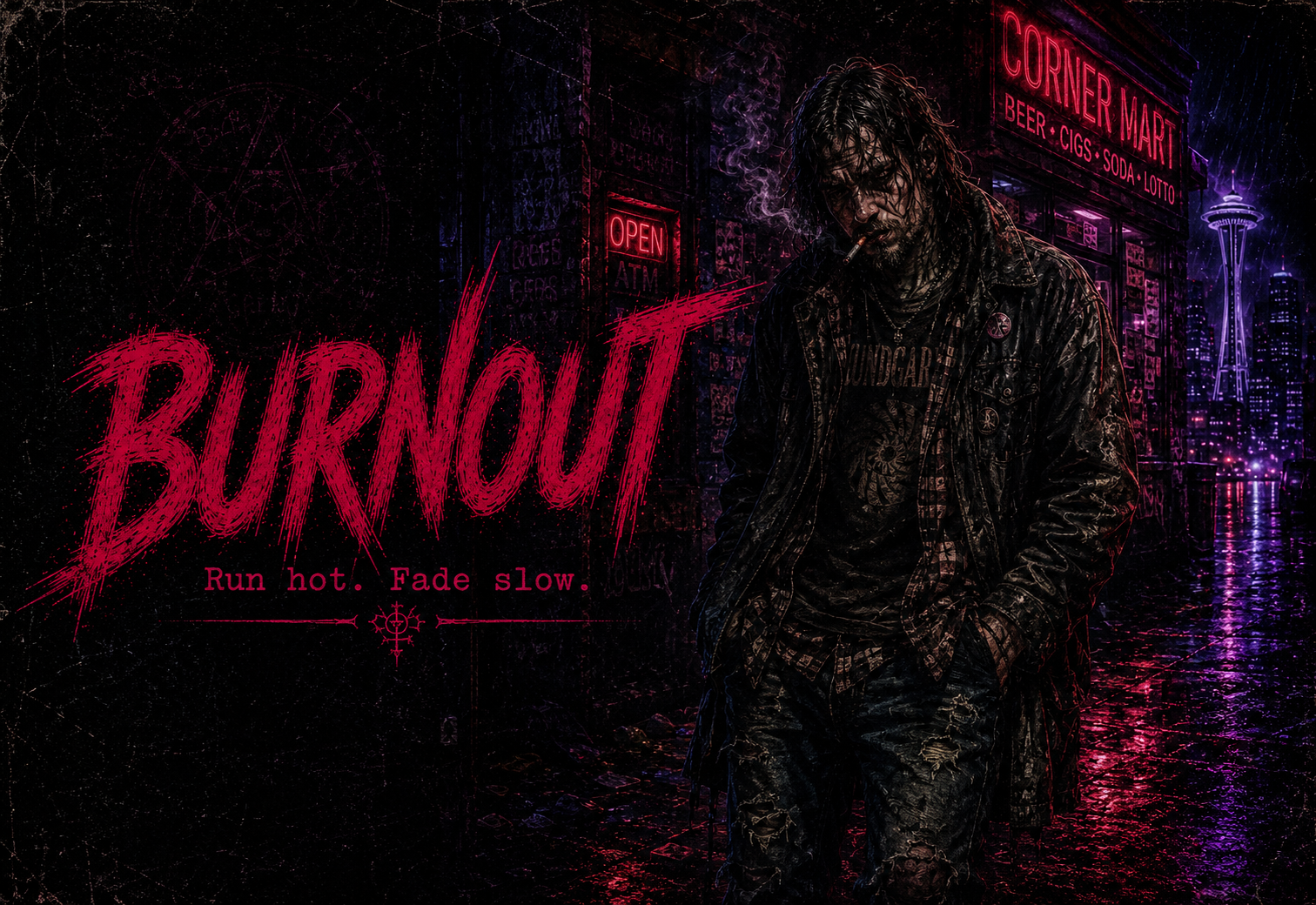 Burnout identity portrait in rainlit 1990s Seattle occult-pulp style.