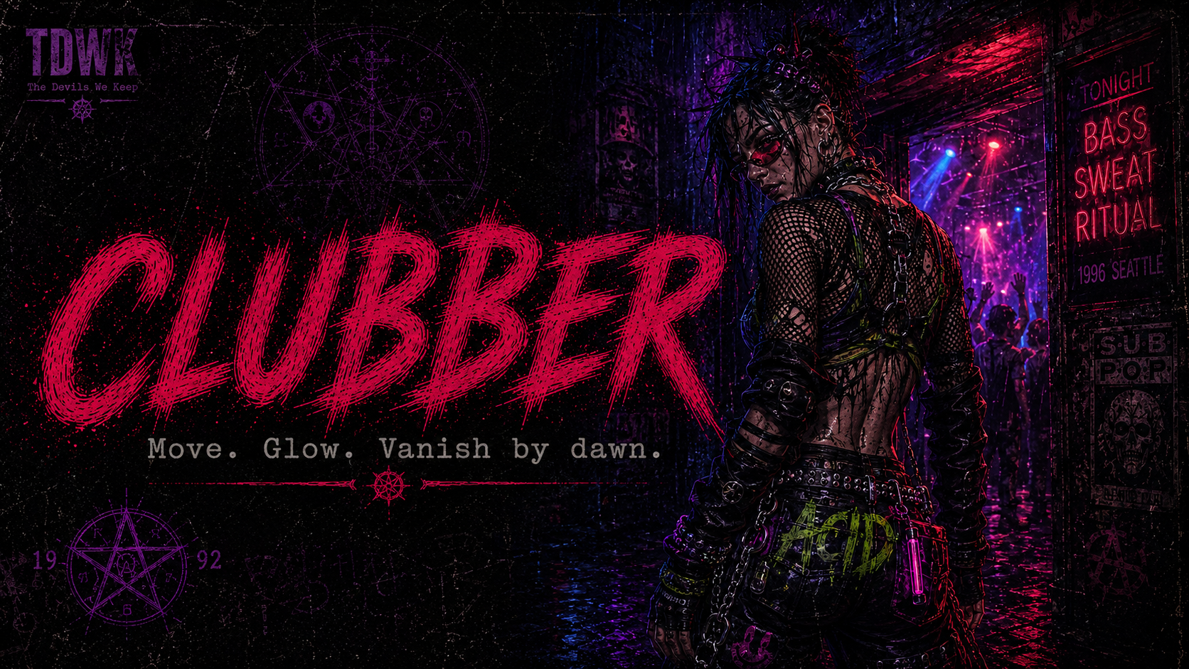 Clubber identity portrait in rainlit 1990s Seattle occult-pulp style.