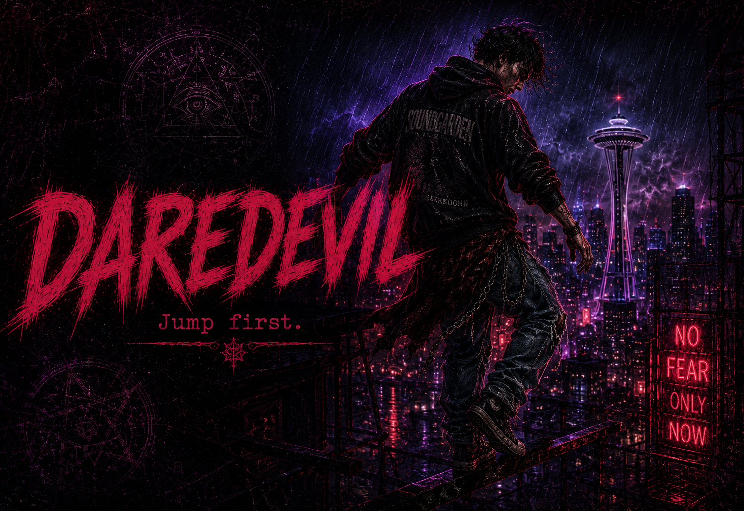Daredevil identity portrait in rainlit 1990s Seattle occult-pulp style.