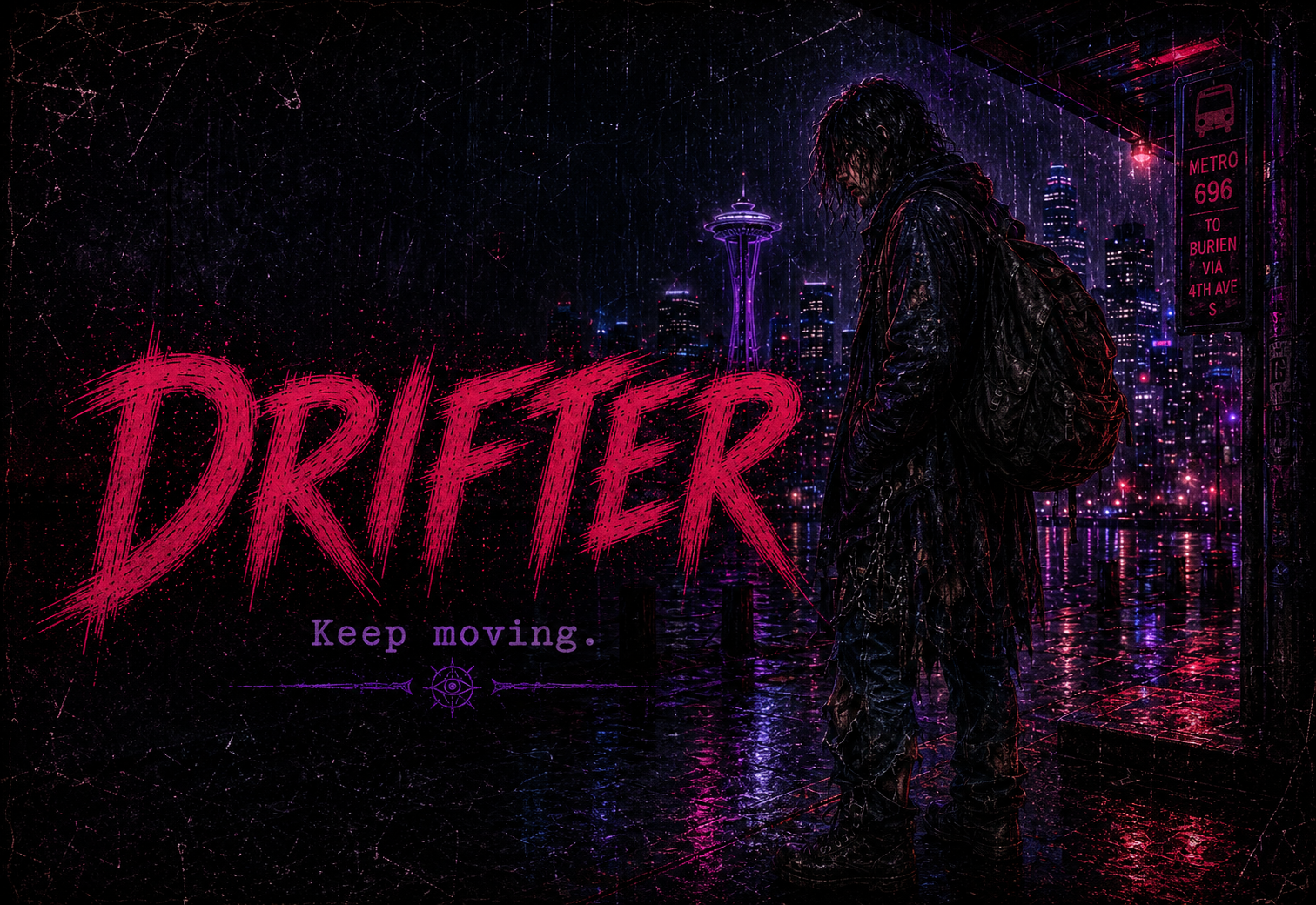 Drifter identity portrait in rainlit 1990s Seattle occult-pulp style.