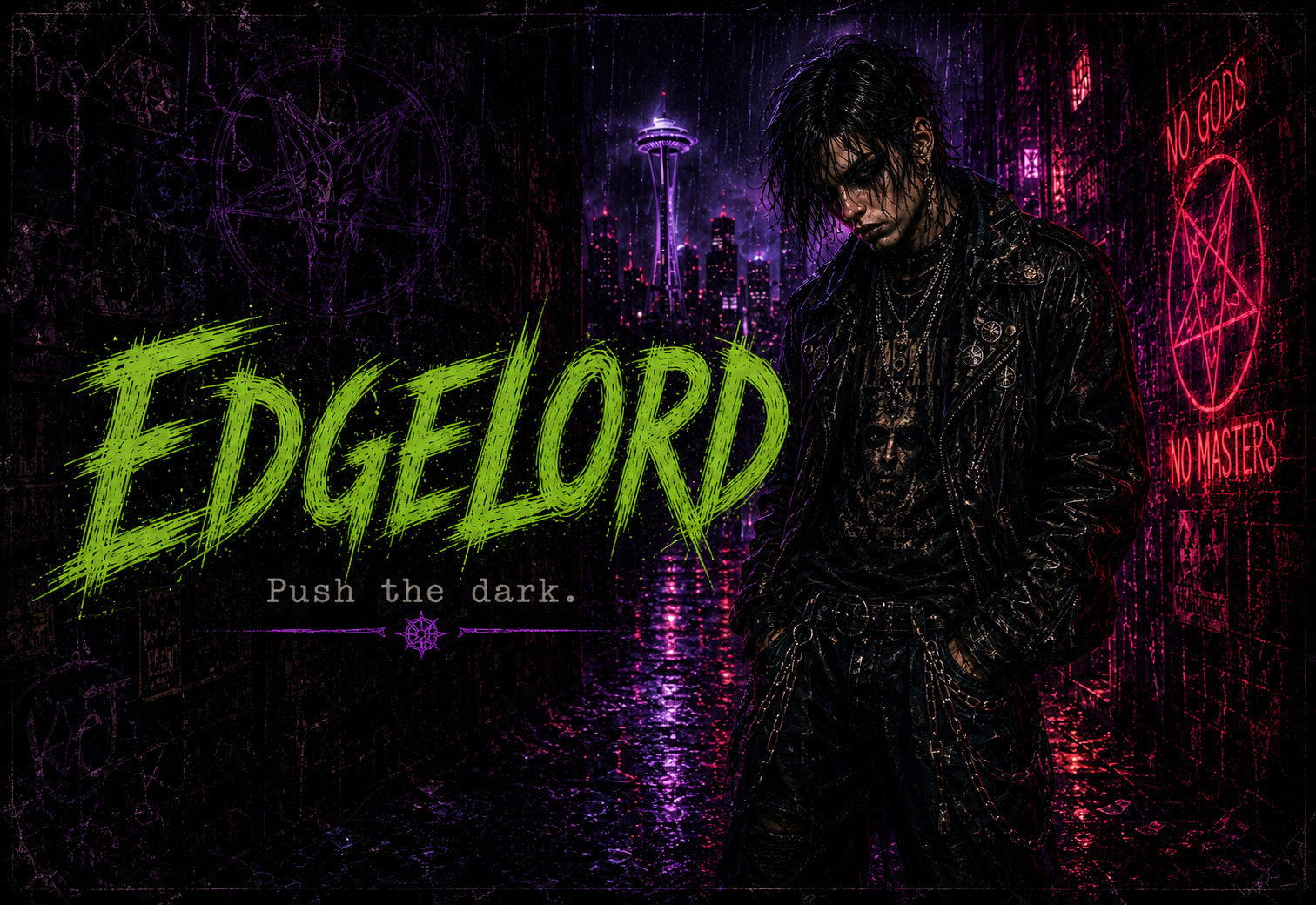 Edgelord identity portrait in rainlit 1990s Seattle occult-pulp style.