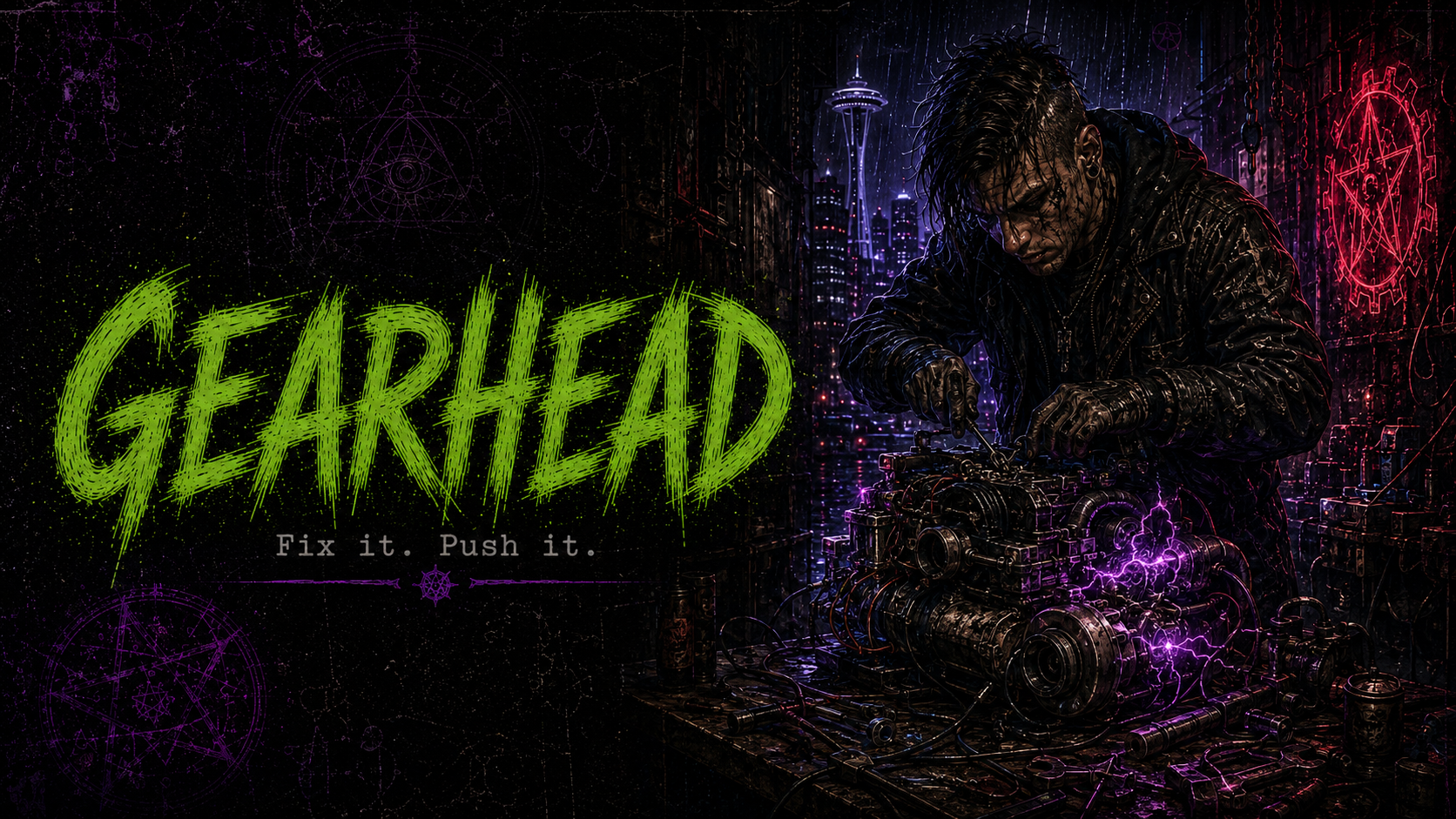 Gearhead identity portrait in rainlit 1990s Seattle occult-pulp style.