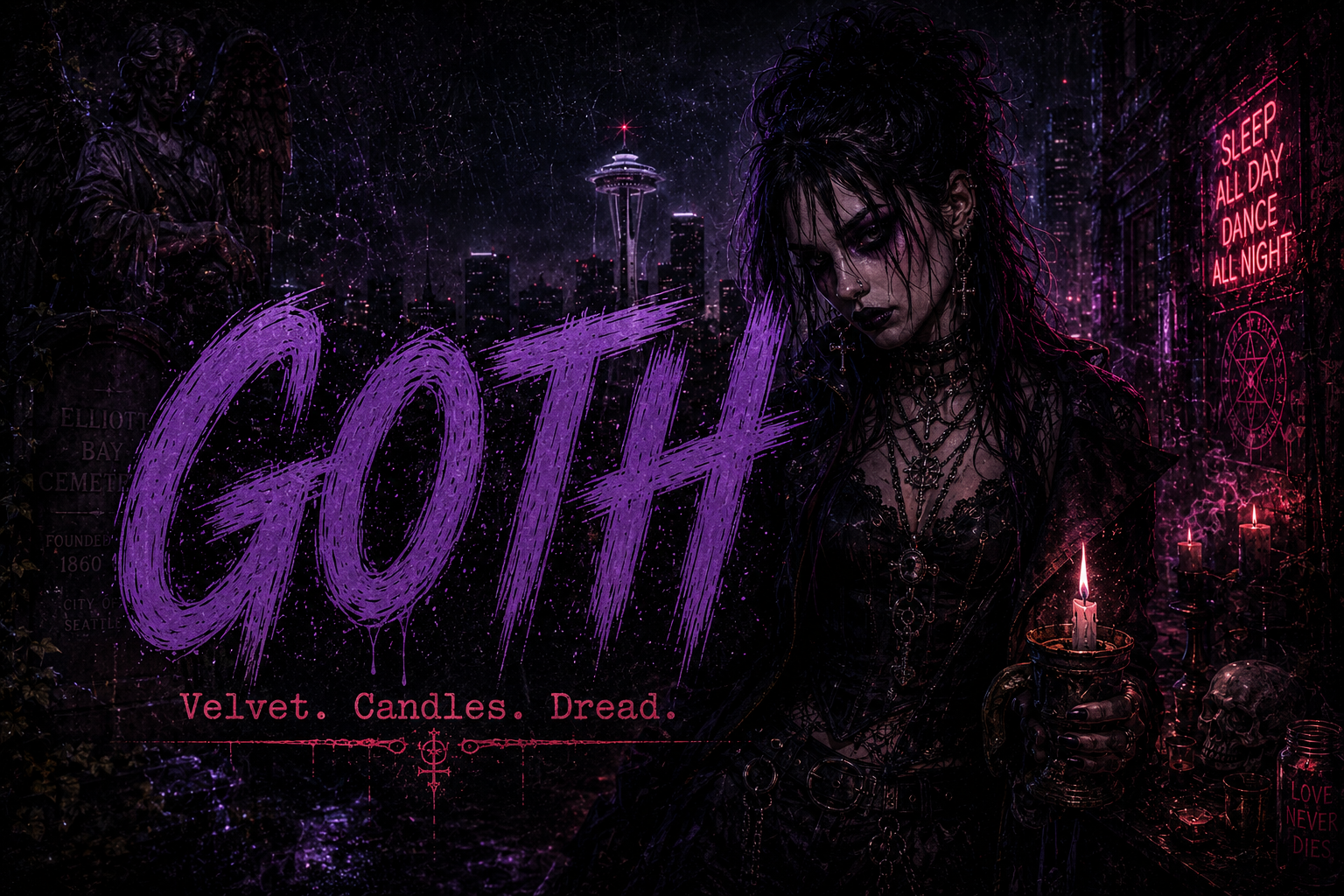 Goth identity portrait in rainlit 1990s Seattle occult-pulp style.