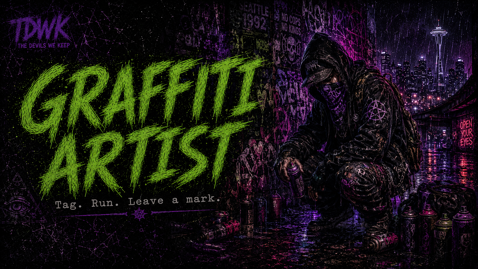 Graffiti Artist identity portrait in rainlit 1990s Seattle occult-pulp style.