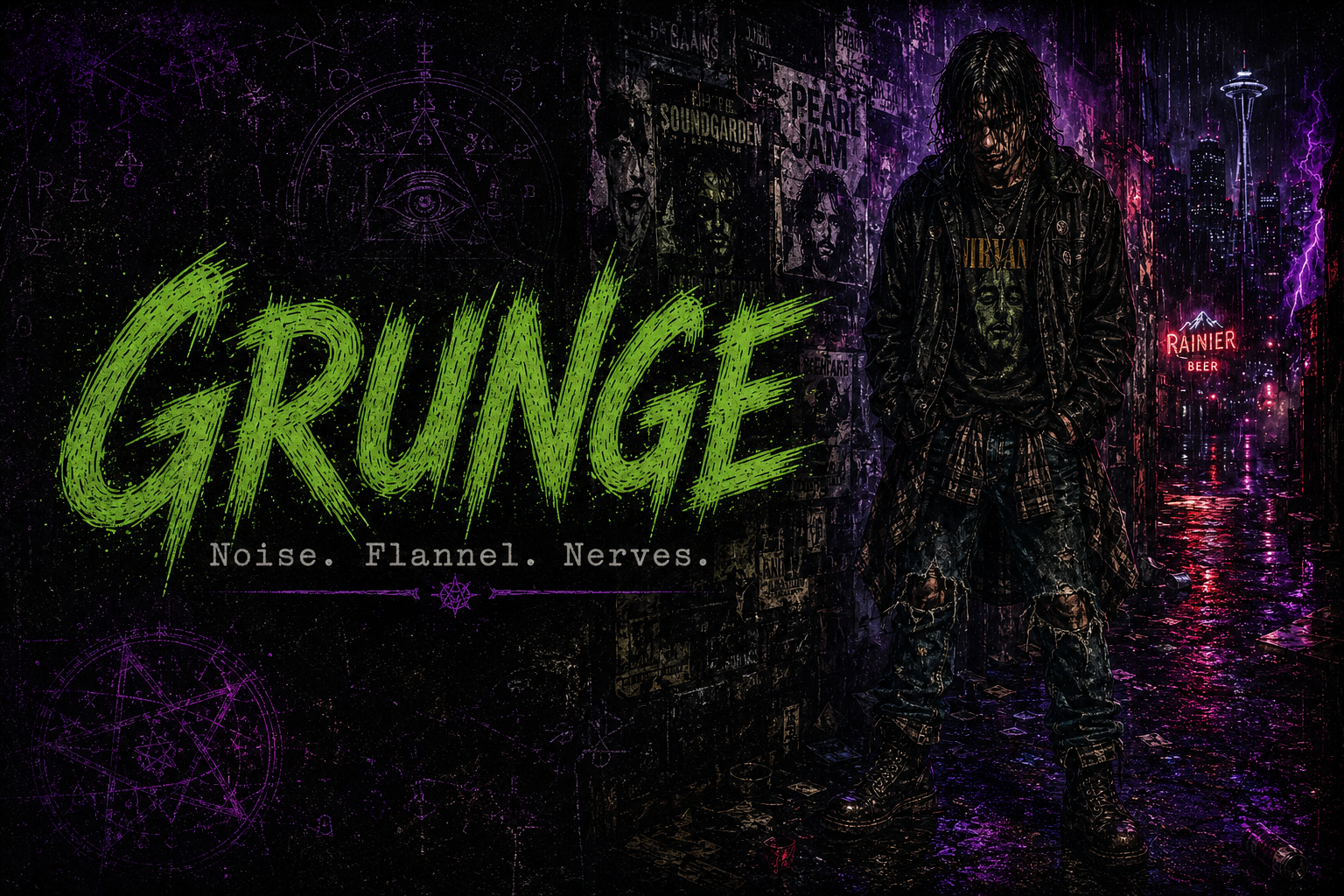 Grunge identity portrait in rainlit 1990s Seattle occult-pulp style.