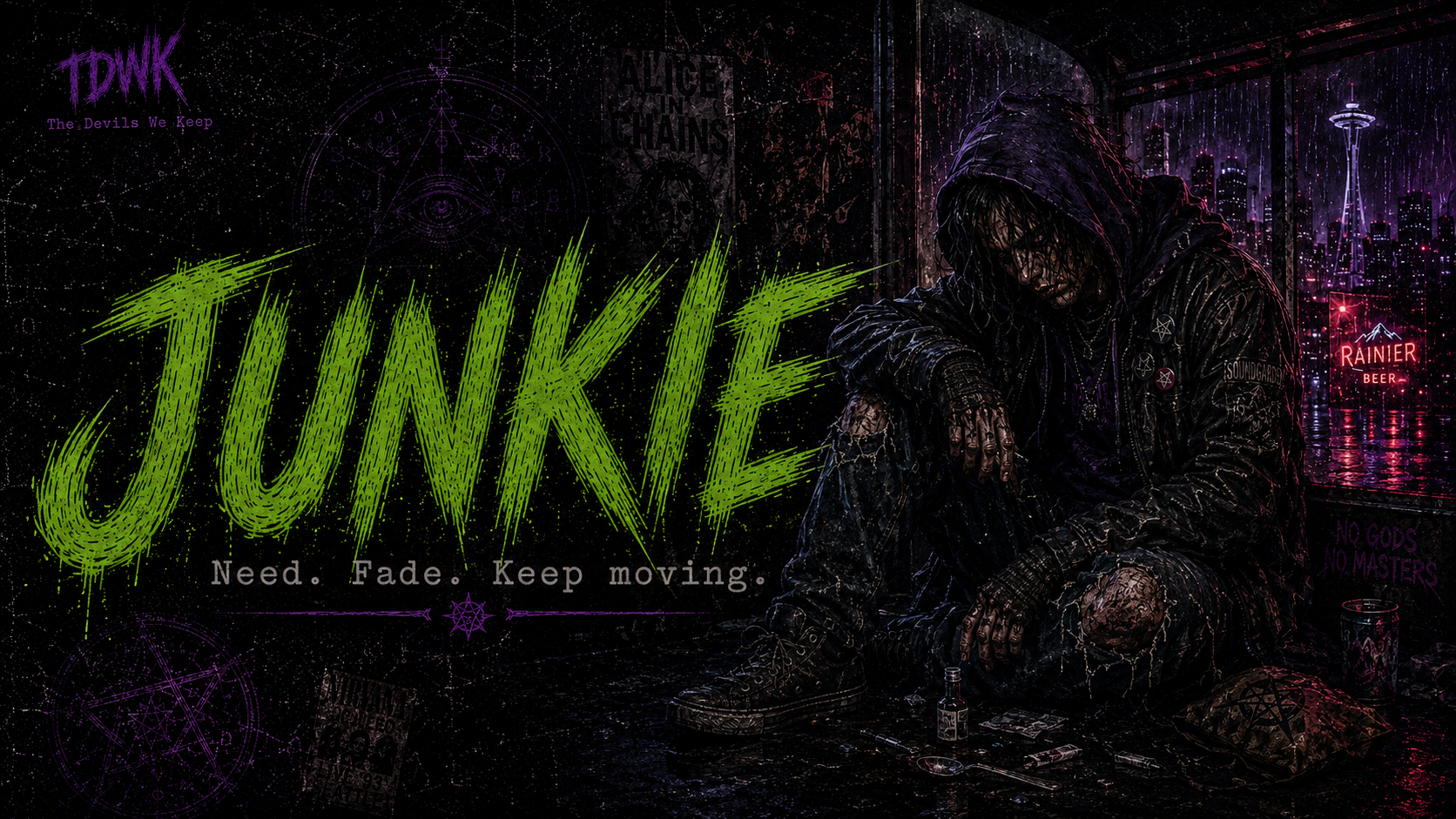 Junkie identity portrait in rainlit 1990s Seattle occult-pulp style.