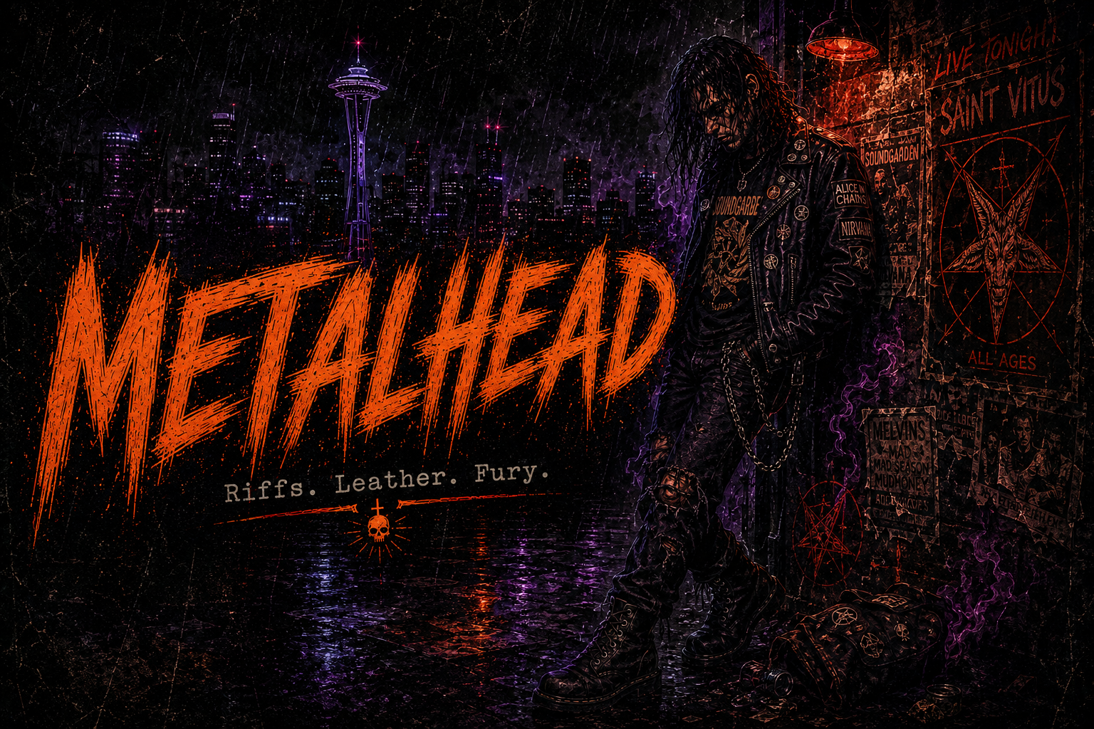 Metalhead identity portrait in rainlit 1990s Seattle occult-pulp style.