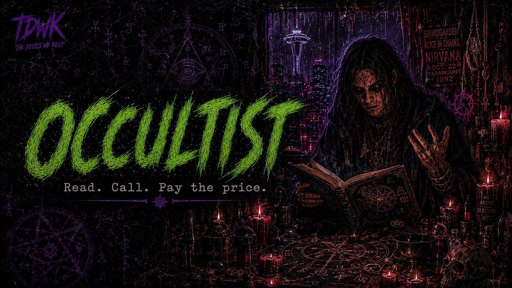 Occultist identity portrait in rainlit 1990s Seattle occult-pulp style.