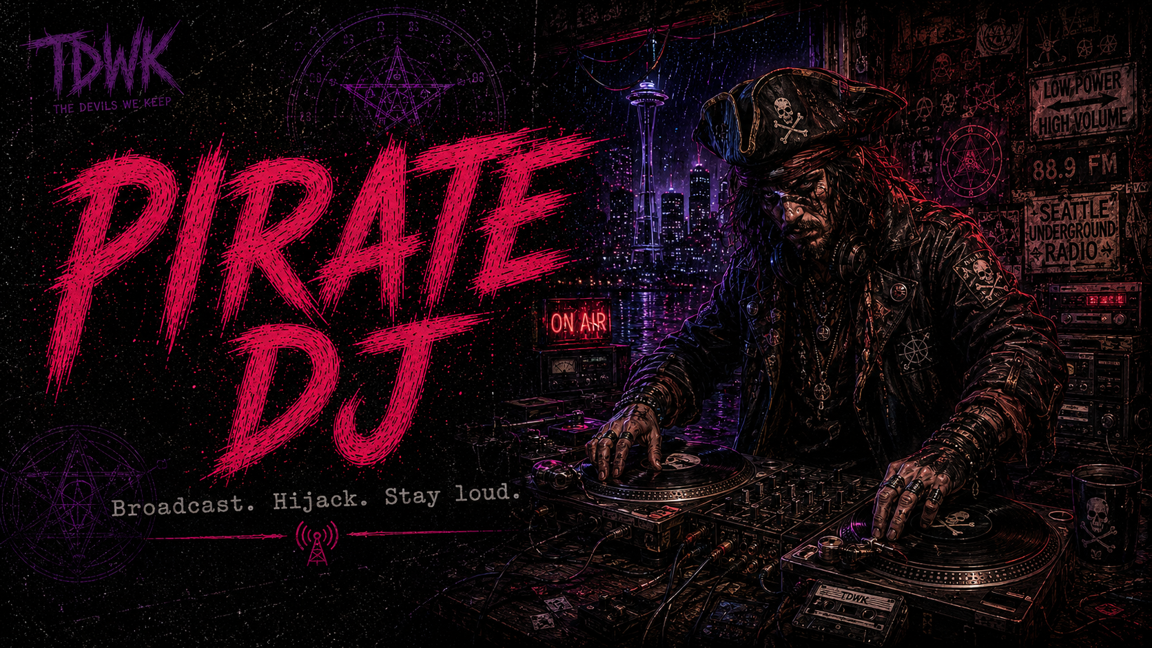 Pirate DJ identity portrait in rainlit 1990s Seattle occult-pulp style.