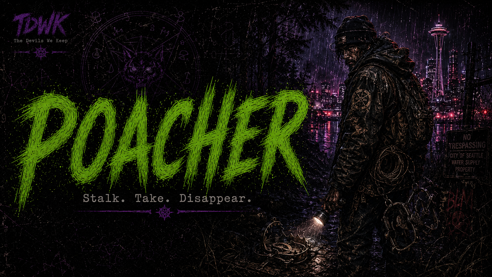 Poacher identity portrait in rainlit 1990s Seattle occult-pulp style.