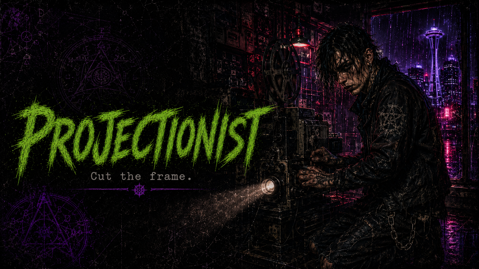 Projectionist identity portrait in rainlit 1990s Seattle occult-pulp style.