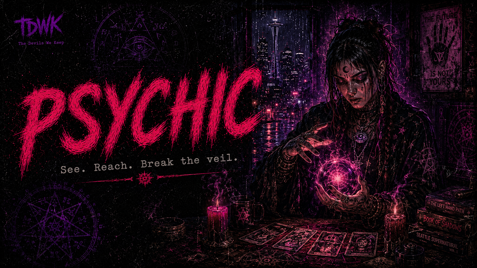Psychic identity portrait in rainlit 1990s Seattle occult-pulp style.