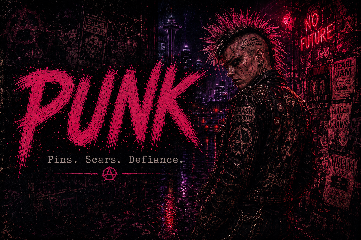 Punk identity portrait in rainlit 1990s Seattle occult-pulp style.
