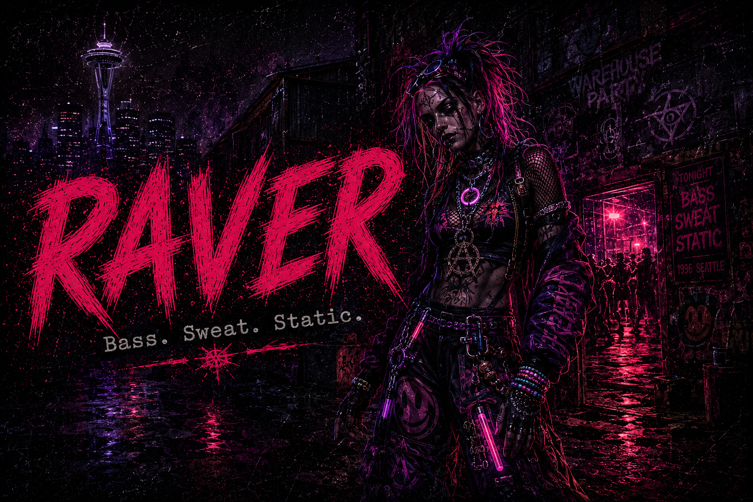 Raver identity portrait in rainlit 1990s Seattle occult-pulp style.