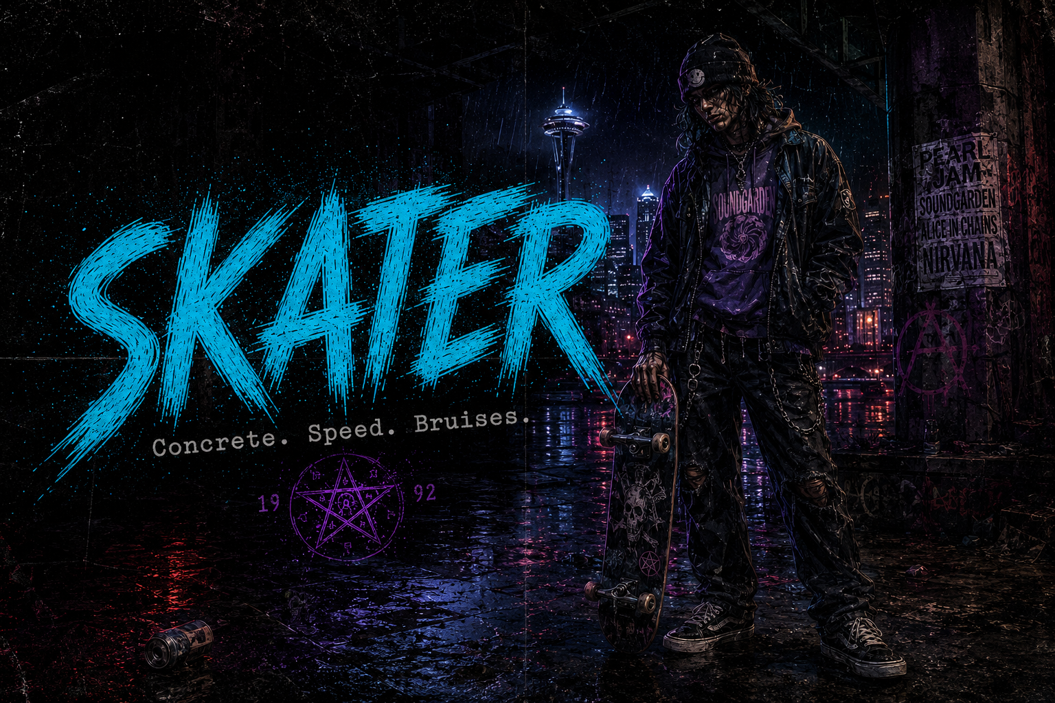 Skater identity portrait in rainlit 1990s Seattle occult-pulp style.