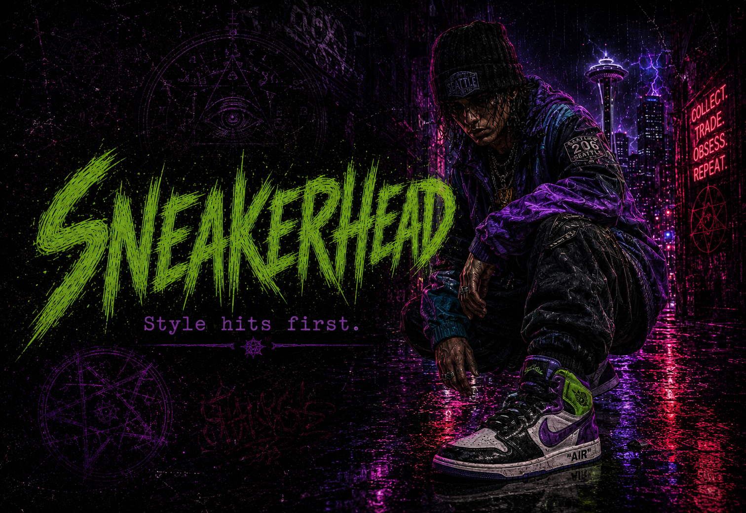 Sneakerhead identity portrait in rainlit 1990s Seattle occult-pulp style.