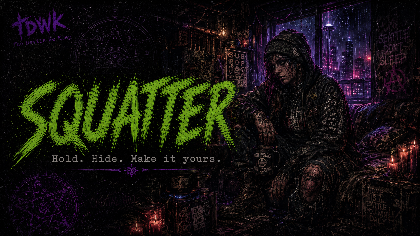 Squatter identity portrait in rainlit 1990s Seattle occult-pulp style.