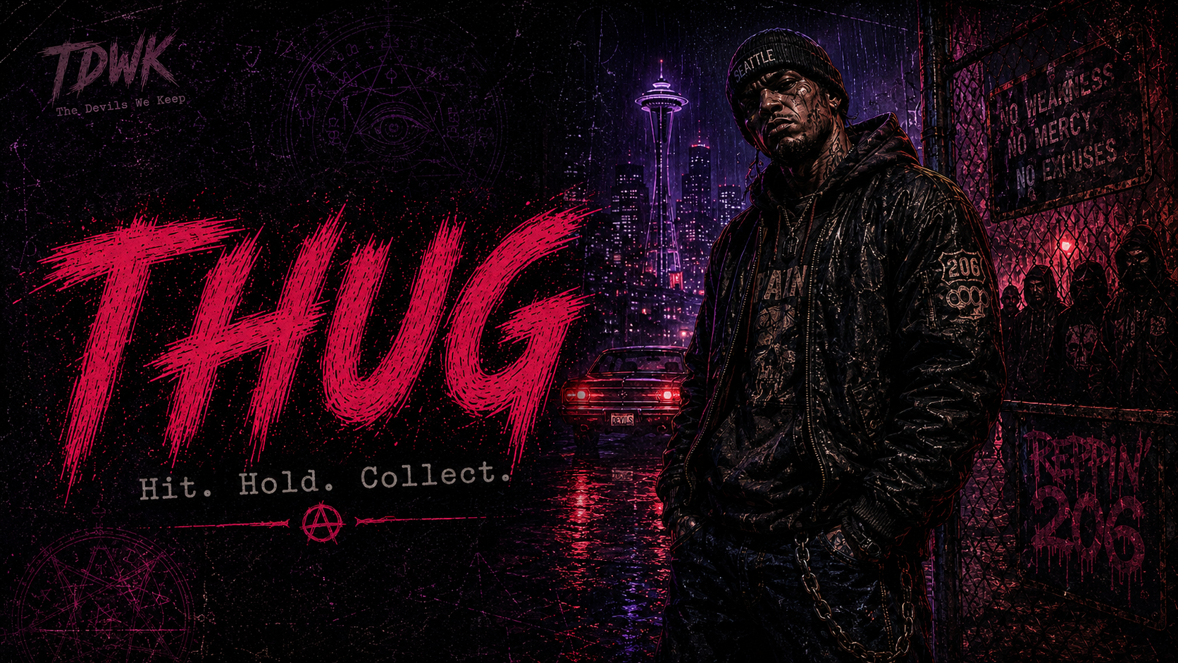Thug identity portrait in rainlit 1990s Seattle occult-pulp style.