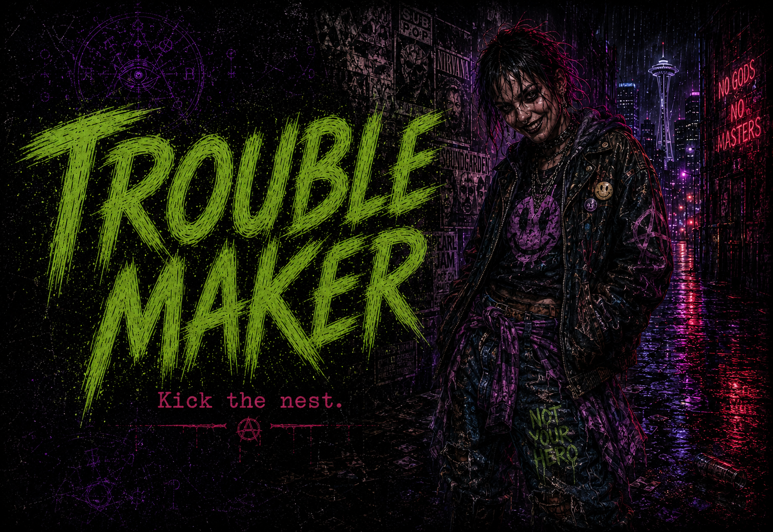 Troublemaker identity portrait in rainlit 1990s Seattle occult-pulp style.
