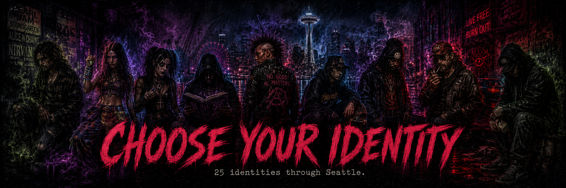 A wide rainlit roster of Seattle identities gathered near the water.
