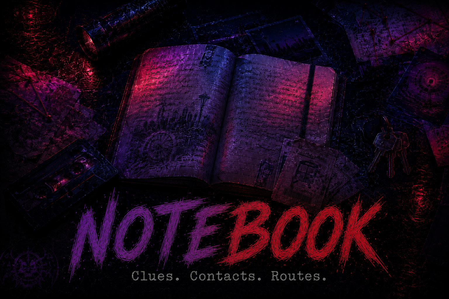 An open journal with maps, contacts, receipts, and route notes.