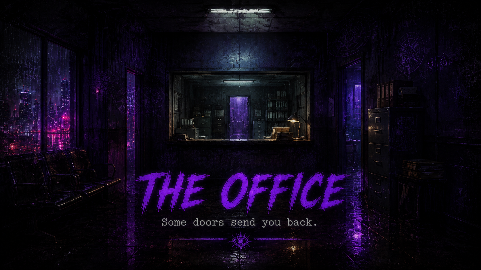 An endless return office with counters, files, ticket light, and doors.