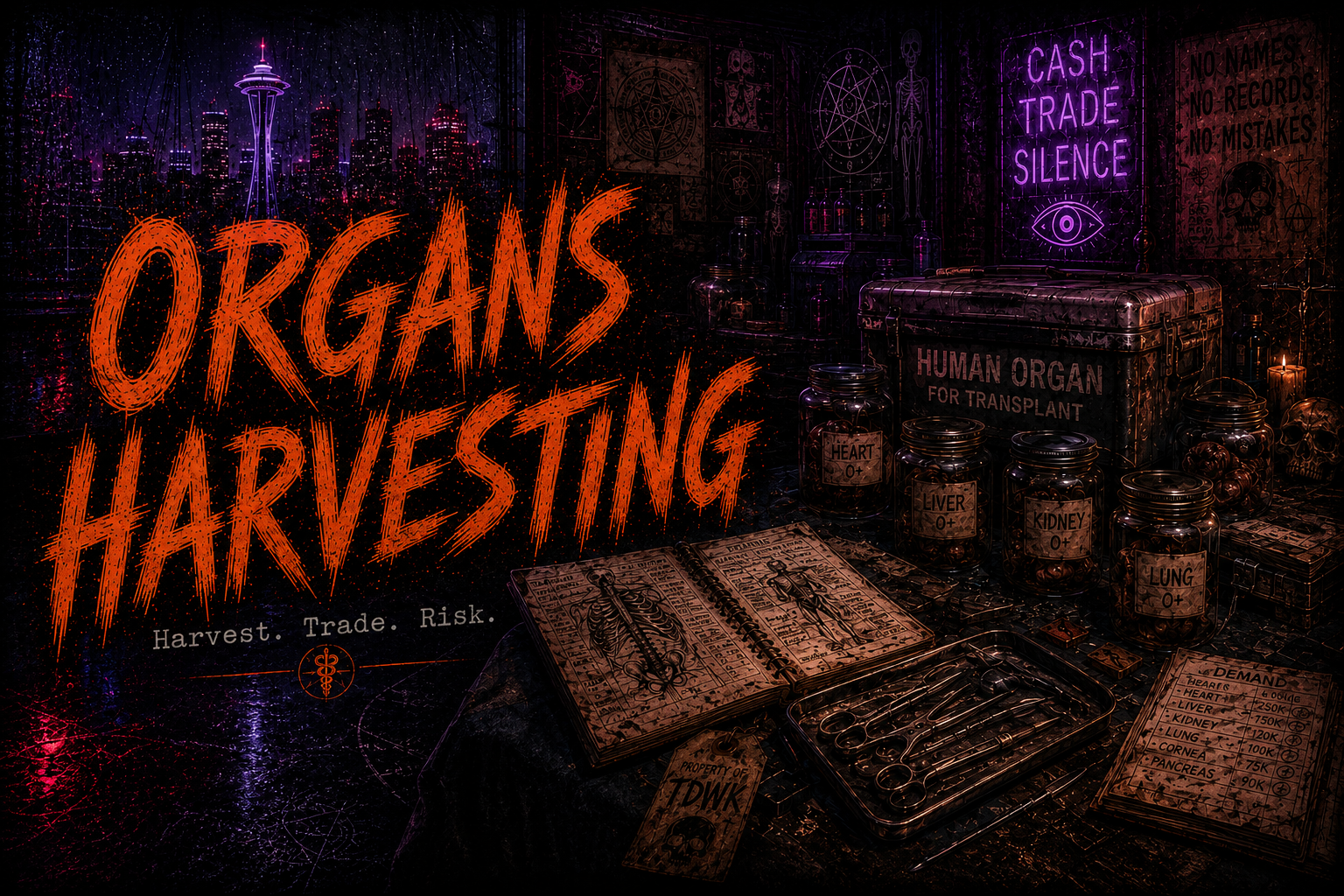 A hidden recovery room with tools, storage, ledgers, and cold light.